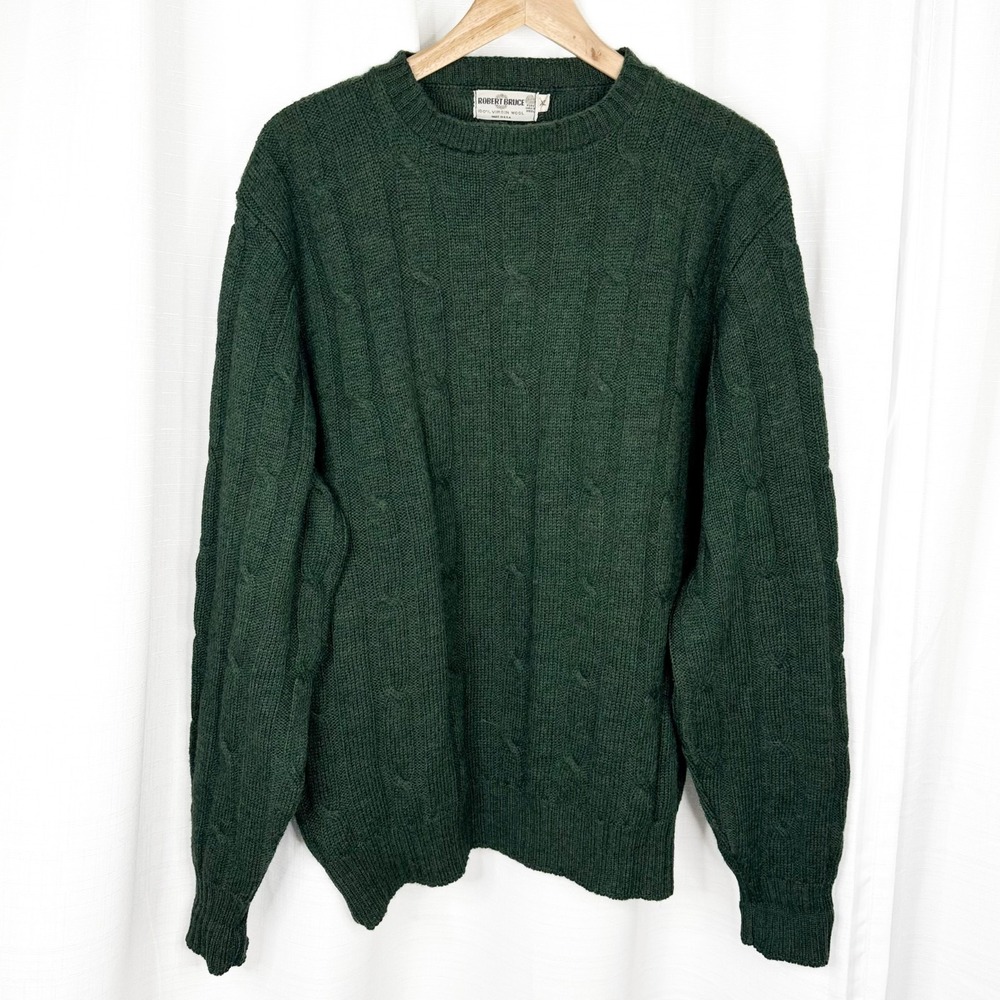 Vintage Robert Bruce Virgin Wool Cable Knit Crewneck Sweater Mens XL Green USA